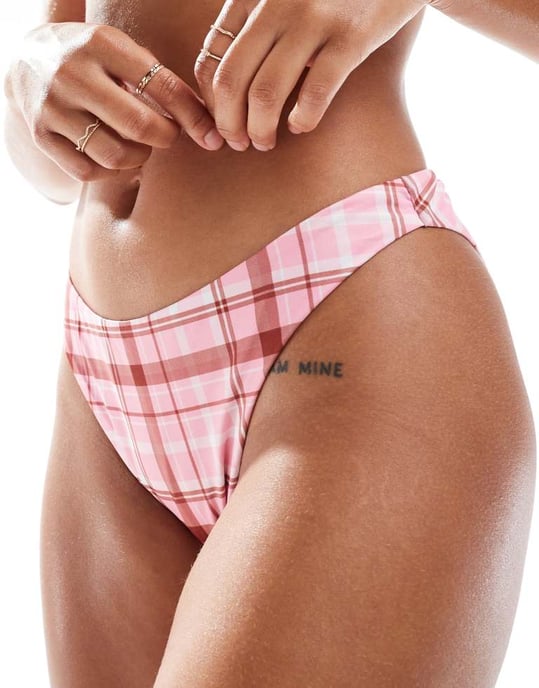 ASOS DESIGN scoop bikini bottom co-ord in pink check - Image 3
