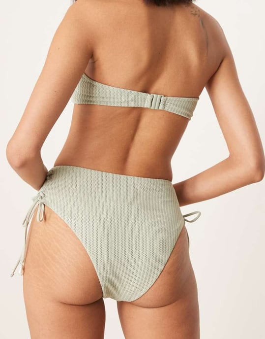 ASOS DESIGN Kai textured tie up high leg high waist bikini bottom with pearl trim in sage - Image 3