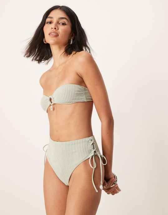 ASOS DESIGN Kai textured tie up high leg high waist bikini bottom with pearl trim in sage - Image 4