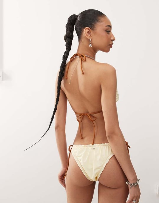 Reclaimed Vintage tie front triangle bikini top with frills in butter yellow and brown - Image 2