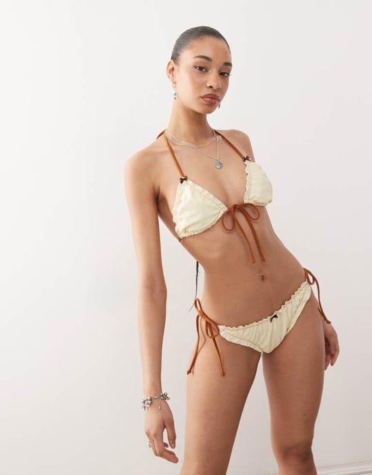 Reclaimed Vintage tie front triangle bikini top with frills in butter yellow and brown - Image 4