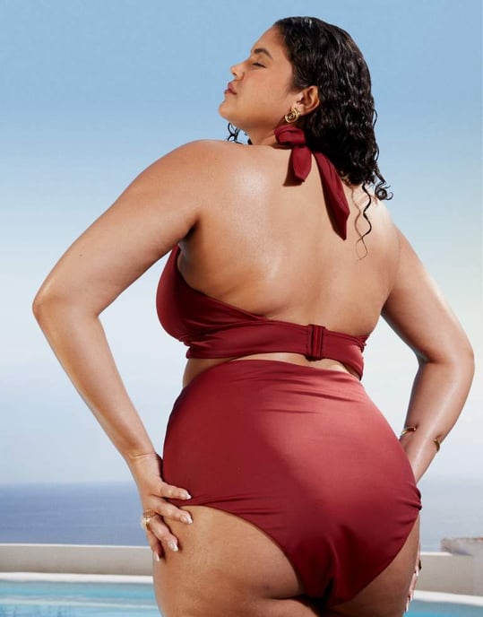 ASOS DESIGN Curve Maya mix and match sleek halter bikini top in burgundy - Image 3