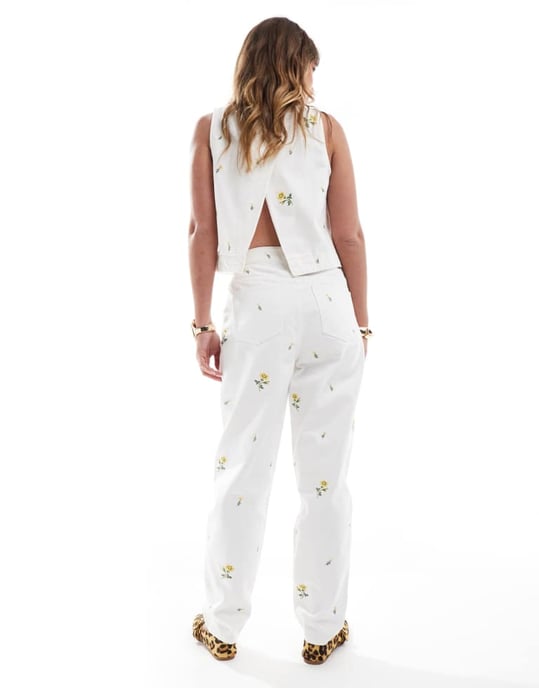 ASOS DESIGN high rise relaxed mom jeans with floral embroidery in white co-ord - Image 2