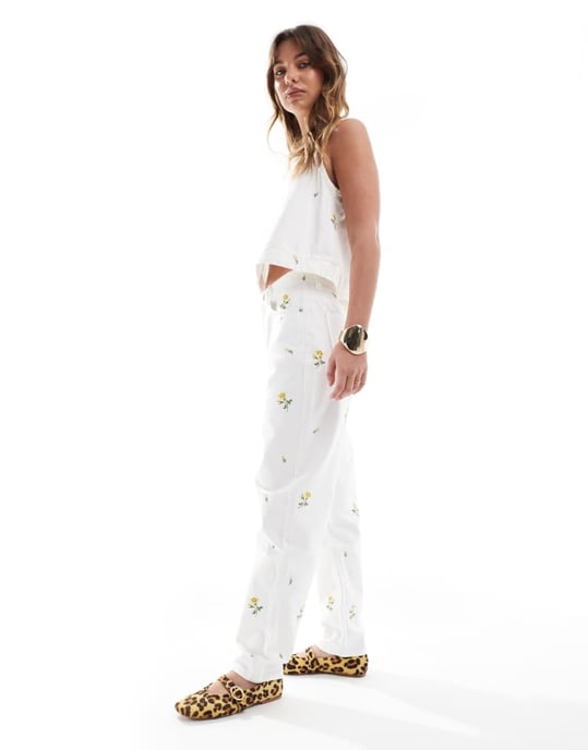 ASOS DESIGN high rise relaxed mom jeans with floral embroidery in white co-ord - Image 3