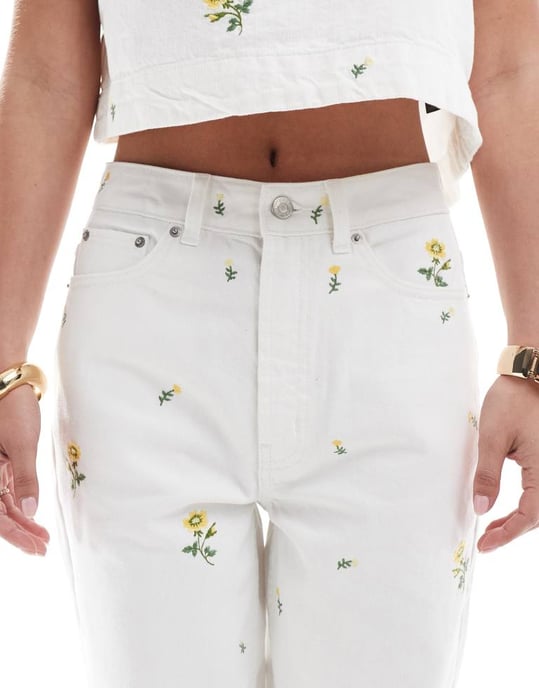 ASOS DESIGN high rise relaxed mom jeans with floral embroidery in white co-ord - Image 4