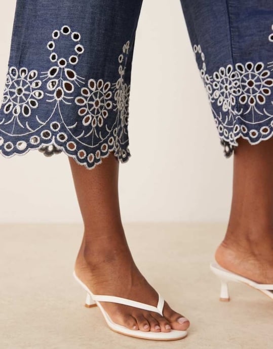 JDY embroidery detail cropped trousers in mid blue wash - Image 3