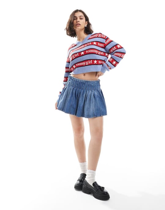 Tommy Jeans tommy girl pleated denim mini skirt in dark wash - Image 3