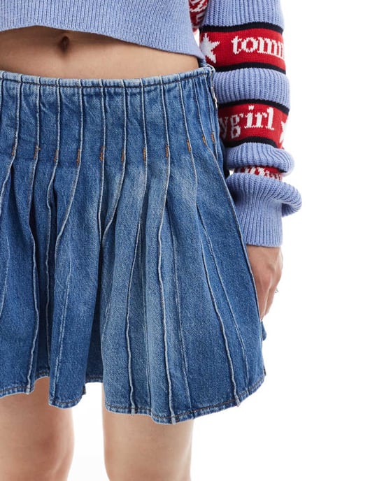 Tommy Jeans tommy girl pleated denim mini skirt in dark wash - Image 4