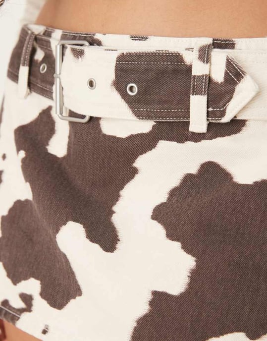 Abercrombie & Fitch belted denim mini skort in cow print - Image 3