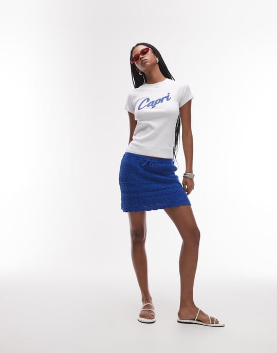 Topshop knitted crochet rara mini skirt in cobalt blue - Image 2