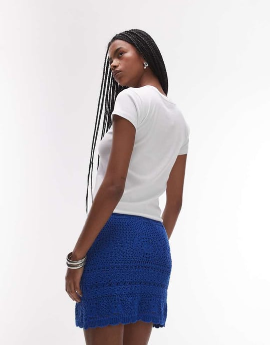 Topshop knitted crochet rara mini skirt in cobalt blue - Image 4
