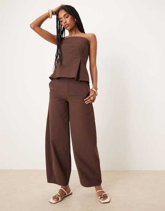 ASOS DESIGN linen blend barrel leg trouser in chocolate - Image 3