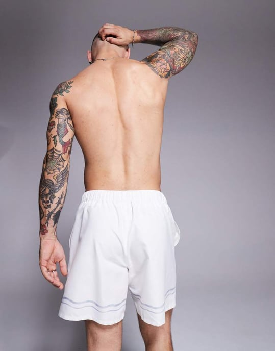 ASOS DESIGN swim shorts in mid length in stone with border print - Image 4