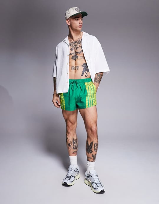 ASOS DESIGN swim shorts in super short length with placement animal print in green - Image 4