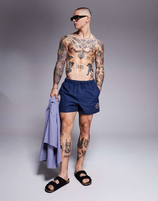 ASOS DESIGN swim shorts in short length with placement print in navy - Image 3