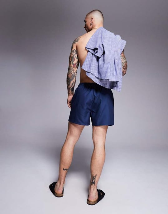 ASOS DESIGN swim shorts in short length with placement print in navy - Image 4
