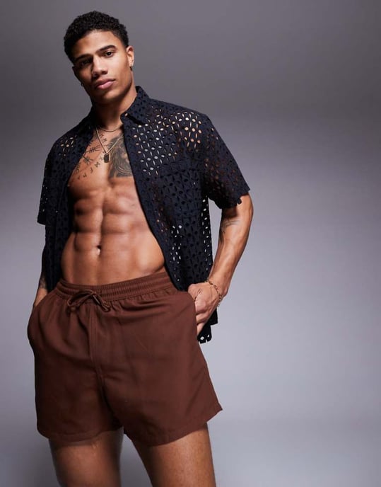 ASOS DESIGN swim shorts in short length in dark brown - Image 1