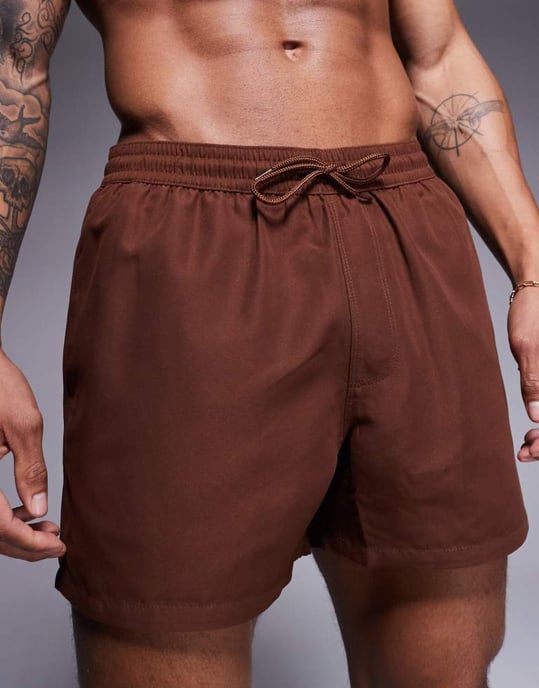 ASOS DESIGN swim shorts in short length in dark brown - Image 3