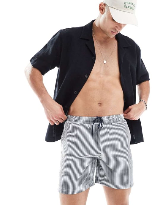 Farah Colbert seersucker stripe swim shorts in navy and white - Image 1