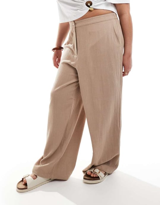 ASOS DESIGN Curve relaxed straight leg trousers with linen in mocha - Image 4