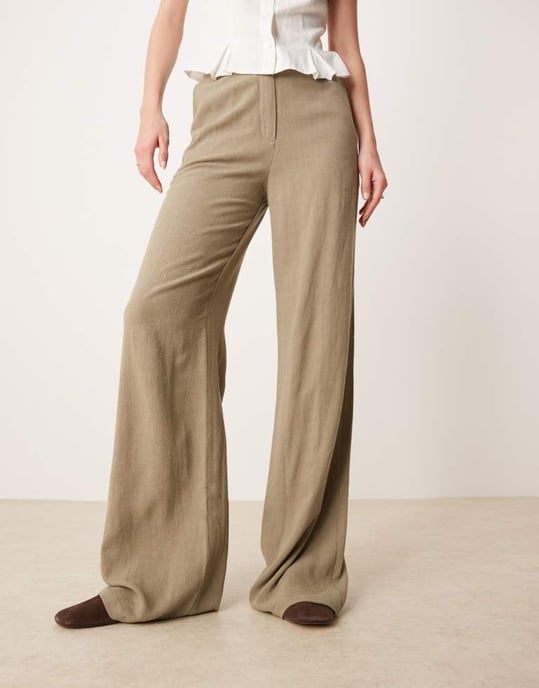 ASOS DESIGN Tall relaxed straight leg trousers with linen in khaki - Image 4