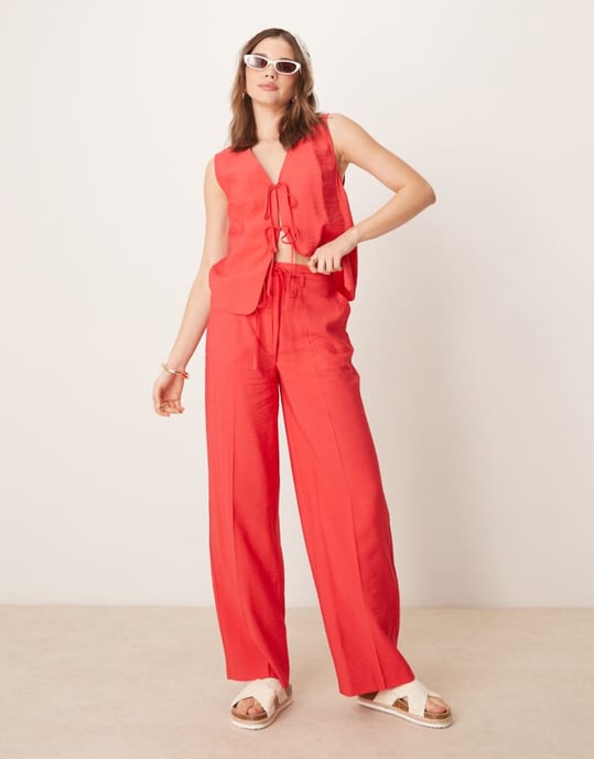 ASOS DESIGN tailored straight leg linen look trousers co-ord in red - Image 1