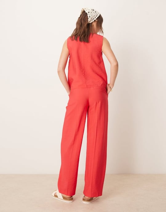 ASOS DESIGN tailored straight leg linen look trousers co-ord in red - Image 2