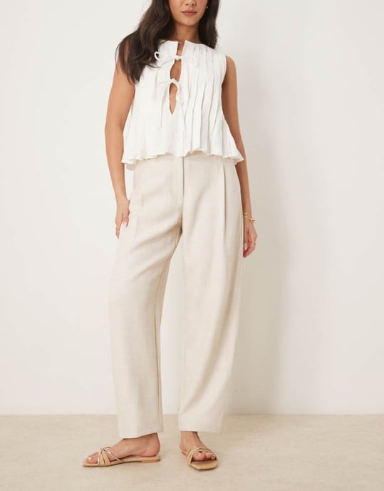 ASOS DESIGN tailored textured barrel trousers with tab detail in neutral - Image 1