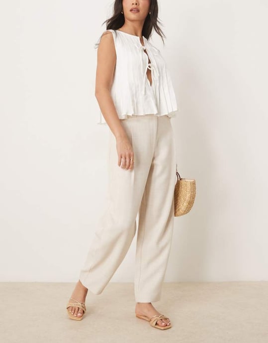 ASOS DESIGN tailored textured barrel trousers with tab detail in neutral - Image 4