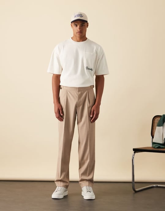 ASOS DESIGN smart straight leg trousers with side adjusters in stone linen look with front pleat - Image 1