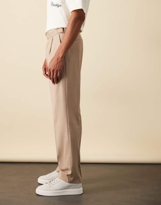 ASOS DESIGN smart straight leg trousers with side adjusters in stone linen look with front pleat - Image 3