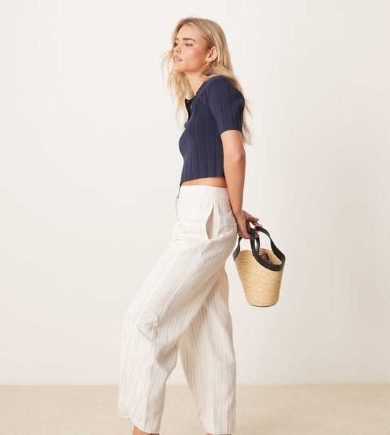 ASOS DESIGN Petite tailored linen trousers with multi way tab hem in ecru stripe - Image 1