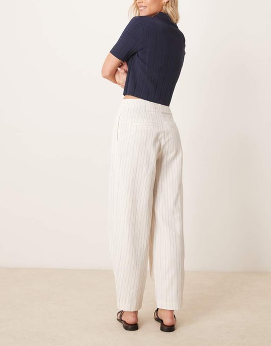 ASOS DESIGN Petite tailored linen trousers with multi way tab hem in ecru stripe - Image 4