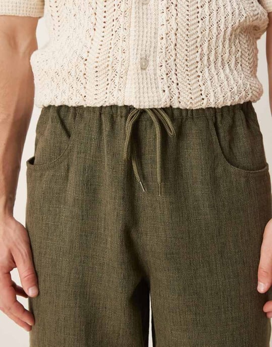 ASOS DESIGN baggy trouser with drawstring in khaki - Image 4
