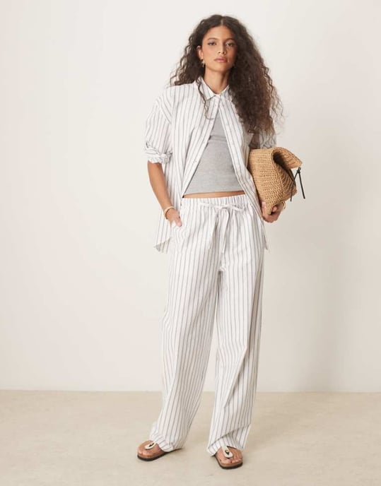 ASOS DESIGN linen look pull on trousers co-ord in black stripe - Image 1