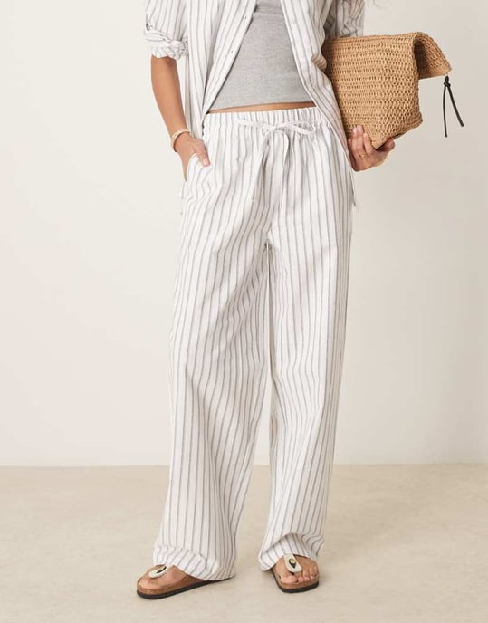 ASOS DESIGN linen look pull on trousers co-ord in black stripe - Image 3