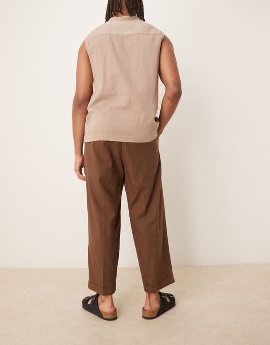 ASOS DESIGN smart cropped balloon linen blend trousers with front pleat in brown - Image 2