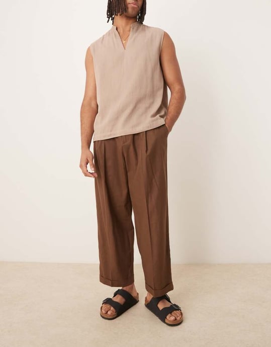 ASOS DESIGN smart cropped balloon linen blend trousers with front pleat in brown - Image 3
