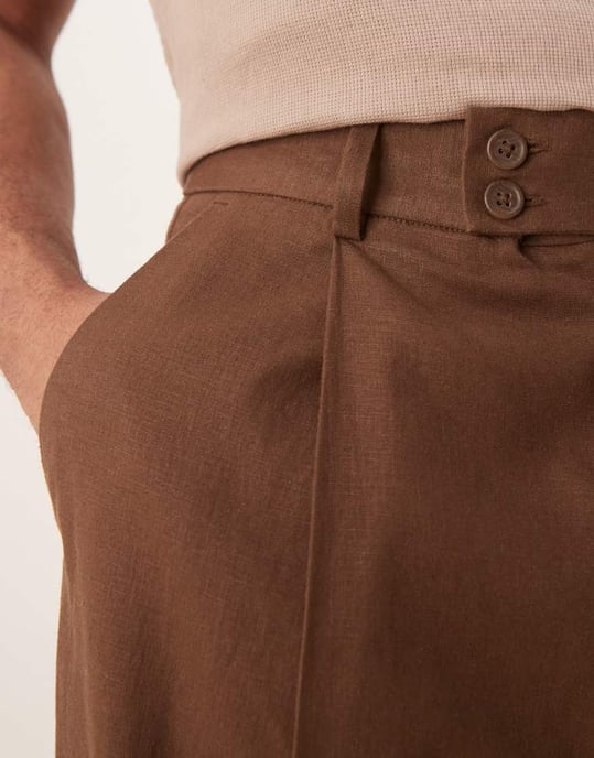 ASOS DESIGN smart cropped balloon linen blend trousers with front pleat in brown - Image 4