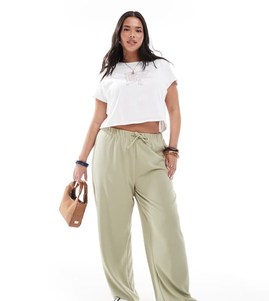 ONLY Curve tie waist trousers in light green - Image 1