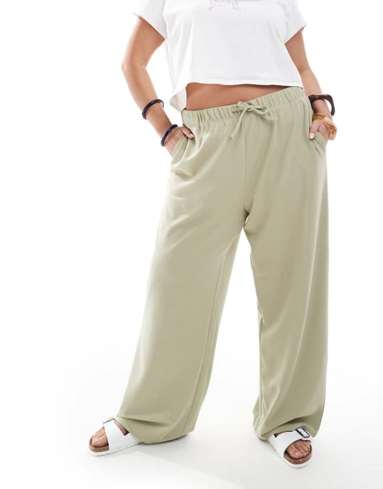 ONLY Curve tie waist trousers in light green - Image 2