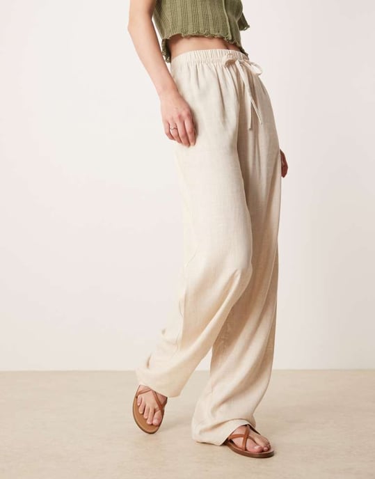 ASOS DESIGN Tall linen look pull on trousers in stone - Image 4