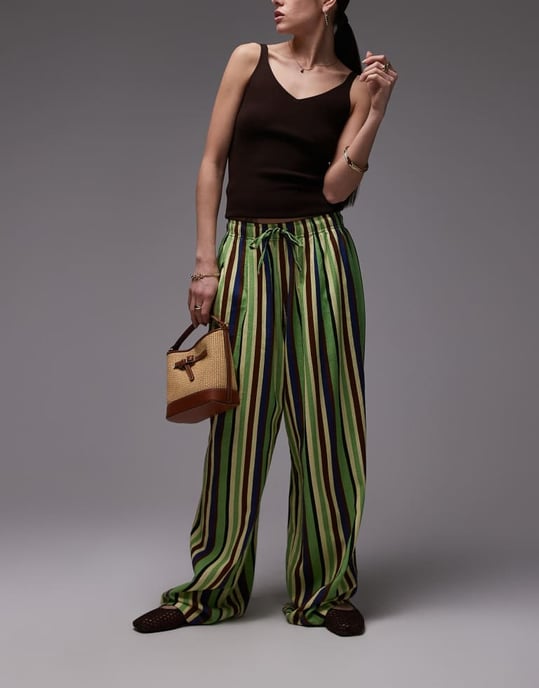 Topshop linen balloon trouser in green variegated stripe - Image 2