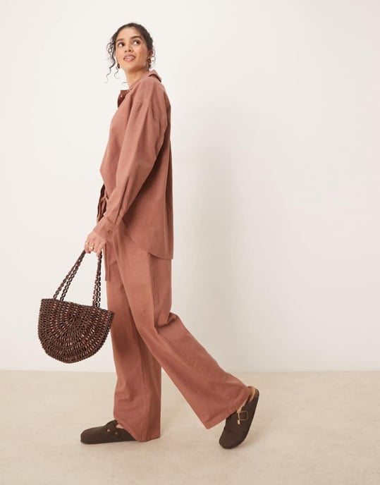 ASOS DESIGN linen look pull on trousers co-ord in mocha - Image 1