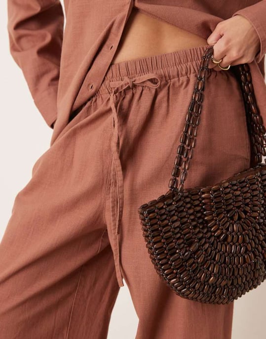 ASOS DESIGN linen look pull on trousers co-ord in mocha - Image 3