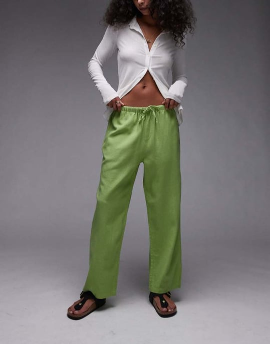 Topshop mid rise linen awkward length trouser in green - Image 1