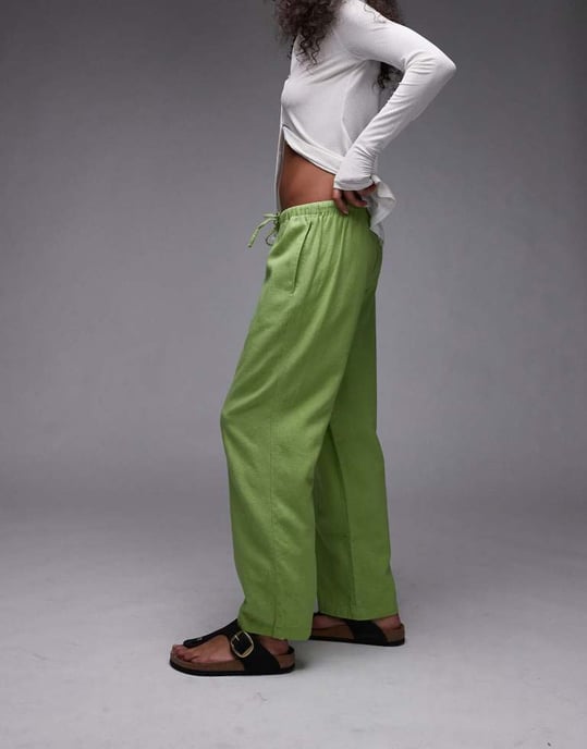 Topshop mid rise linen awkward length trouser in green - Image 3