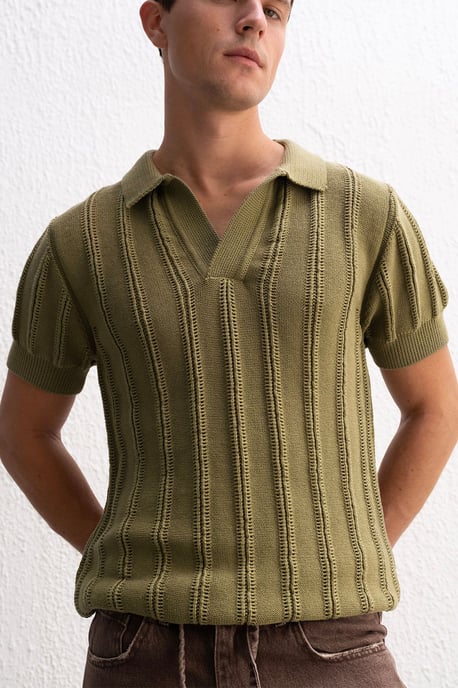 Mäns Texturerad Bomullspolo T-shirt - Image 1