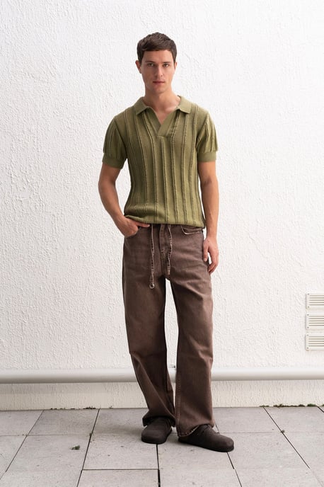 Mäns Texturerad Bomullspolo T-shirt - Image 3
