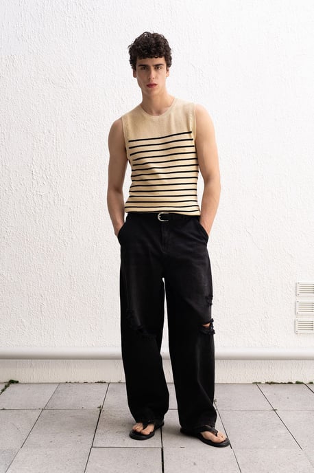 Herr Slim Fit Randig Ärmknapp T-shirt - Image 1